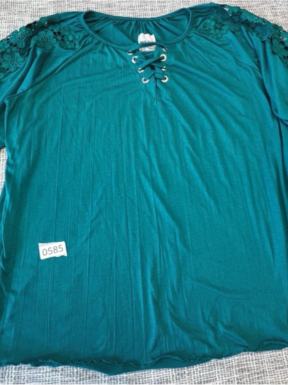 New York Laundry Teal Lace-Shoulder Long Sleeve Top with Lace-Up Neck